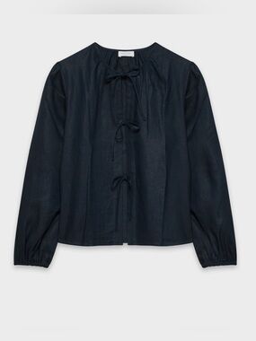Little Moon Tybee 100% Linen Tie-Front Long-Sleeve Blouse - Navy